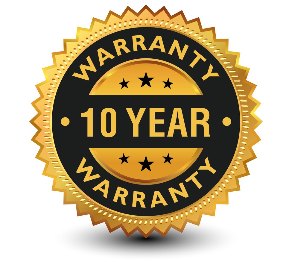 10 Year warranty banner, label, sign, badge isolated on white background.