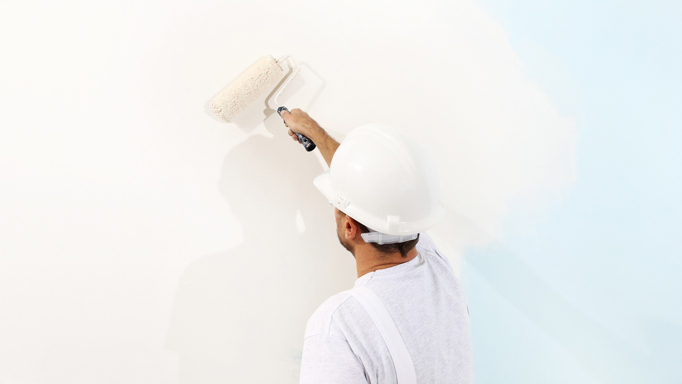 painter man at work with paint roller, wall painting