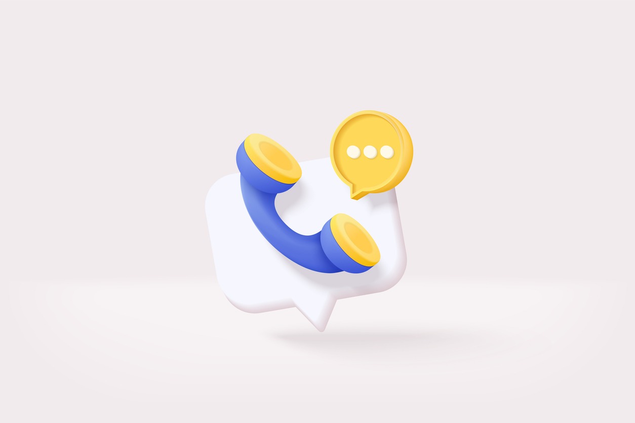 3d minimal call phone and bubble talk on white background. Talking with service support hotline and call center icon concept. 3d vector render telephone for contact customer on isolated background