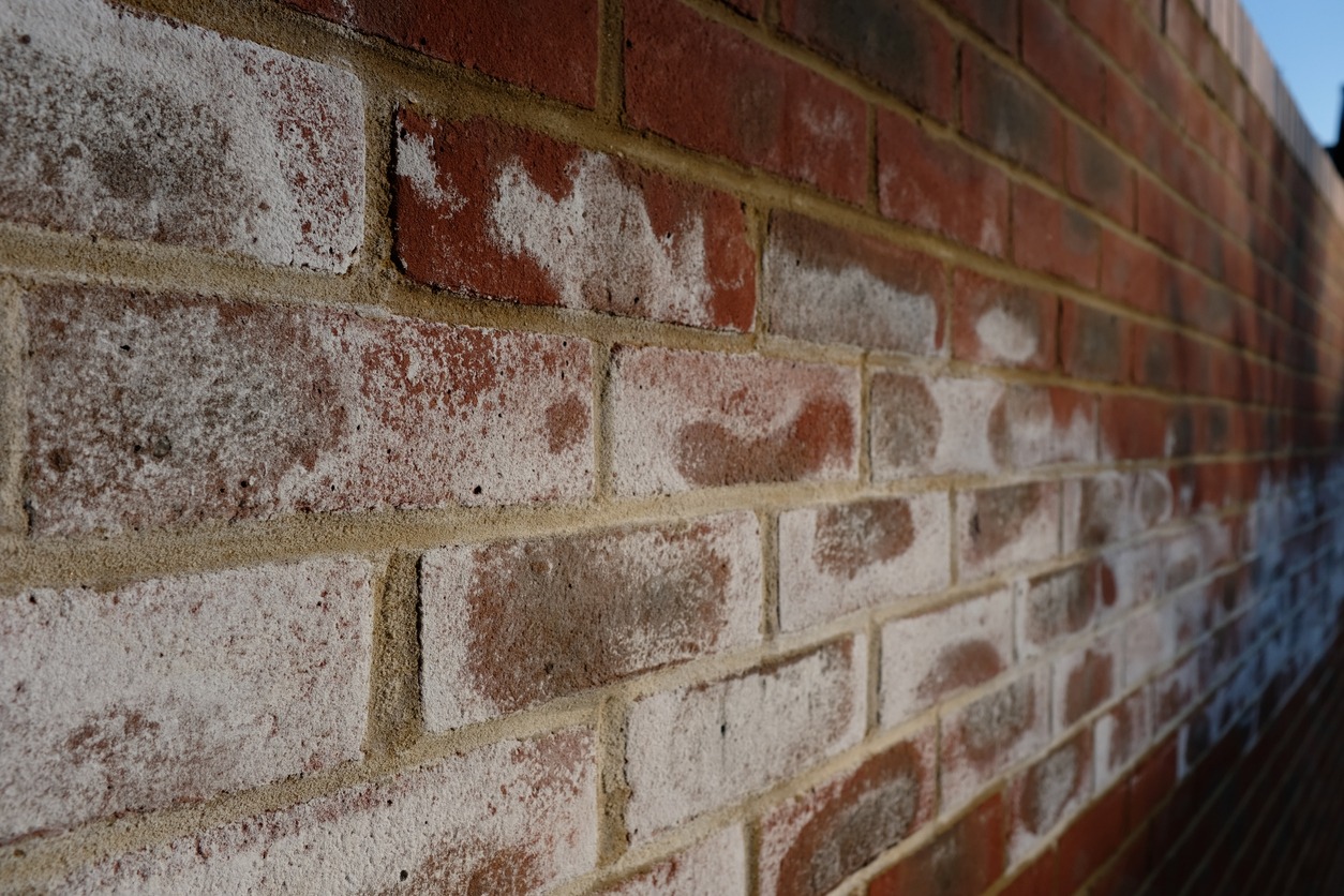 Efflorescence on a brick wall