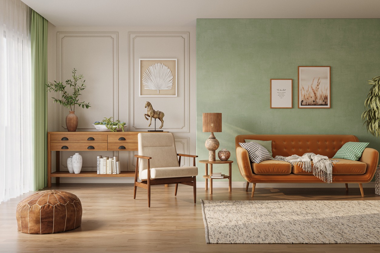 living room interior with pastel green wall and wood furniture