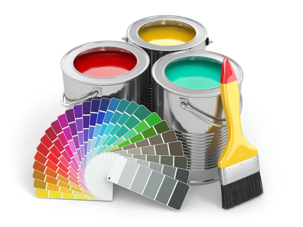 Cans of paint with colour palette and paintbrush.