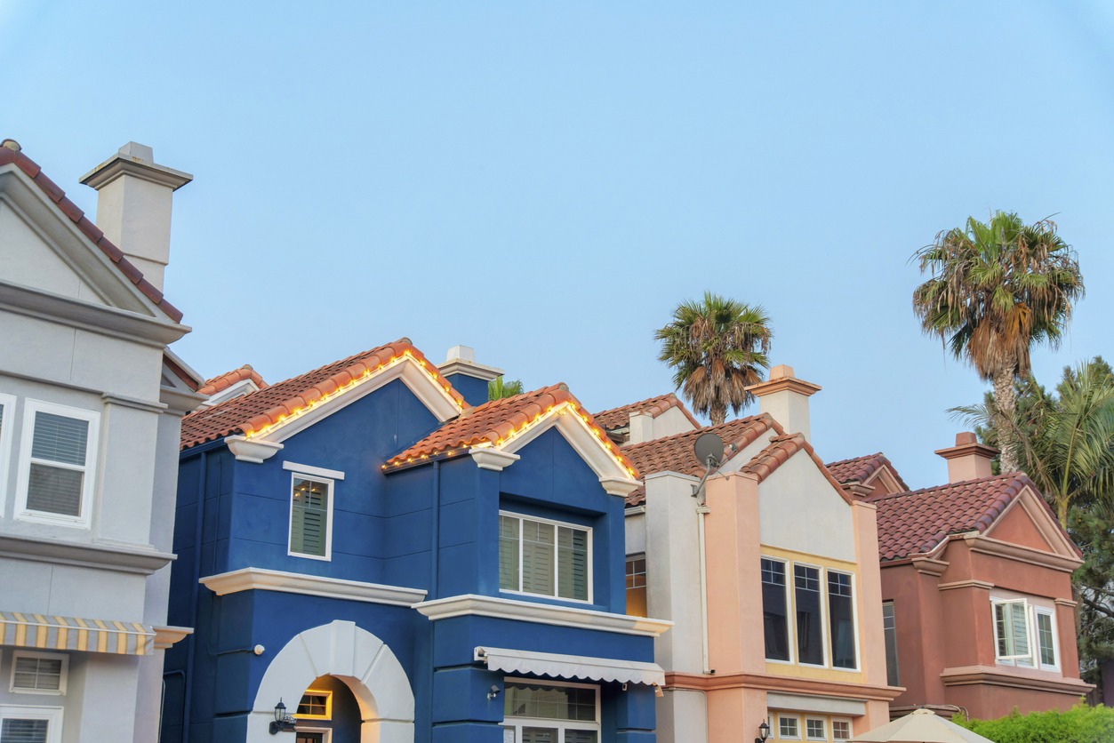 Colorful mediterranean houses in a low angle view at Oceanside, California